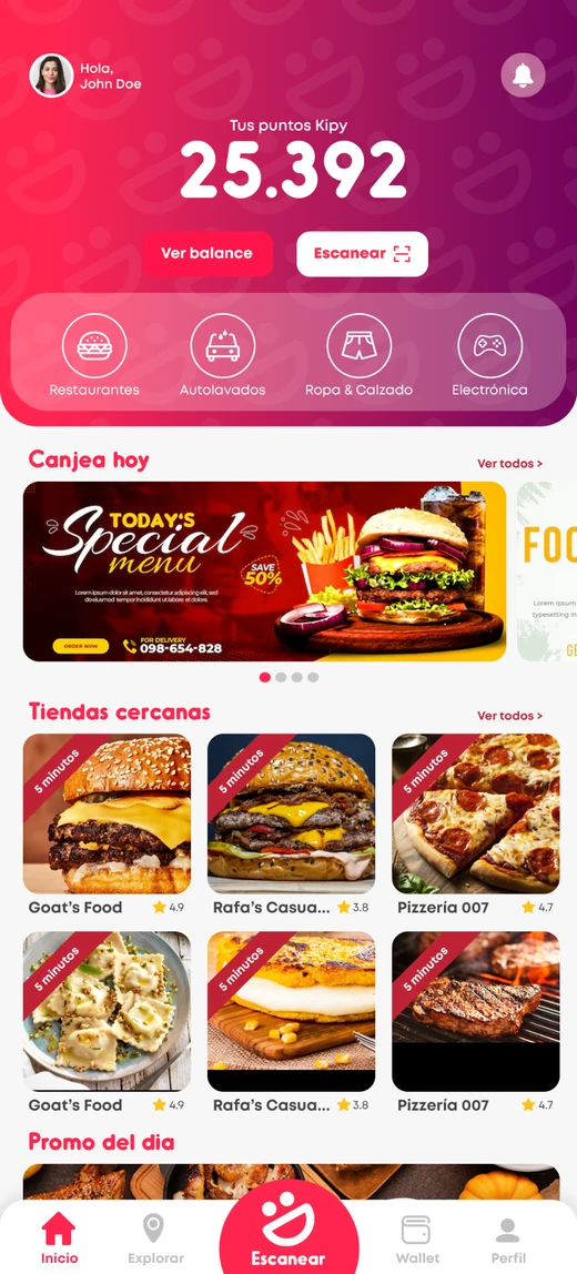 Vista principal de comercios cercanos y promociones disponibles en Kipy