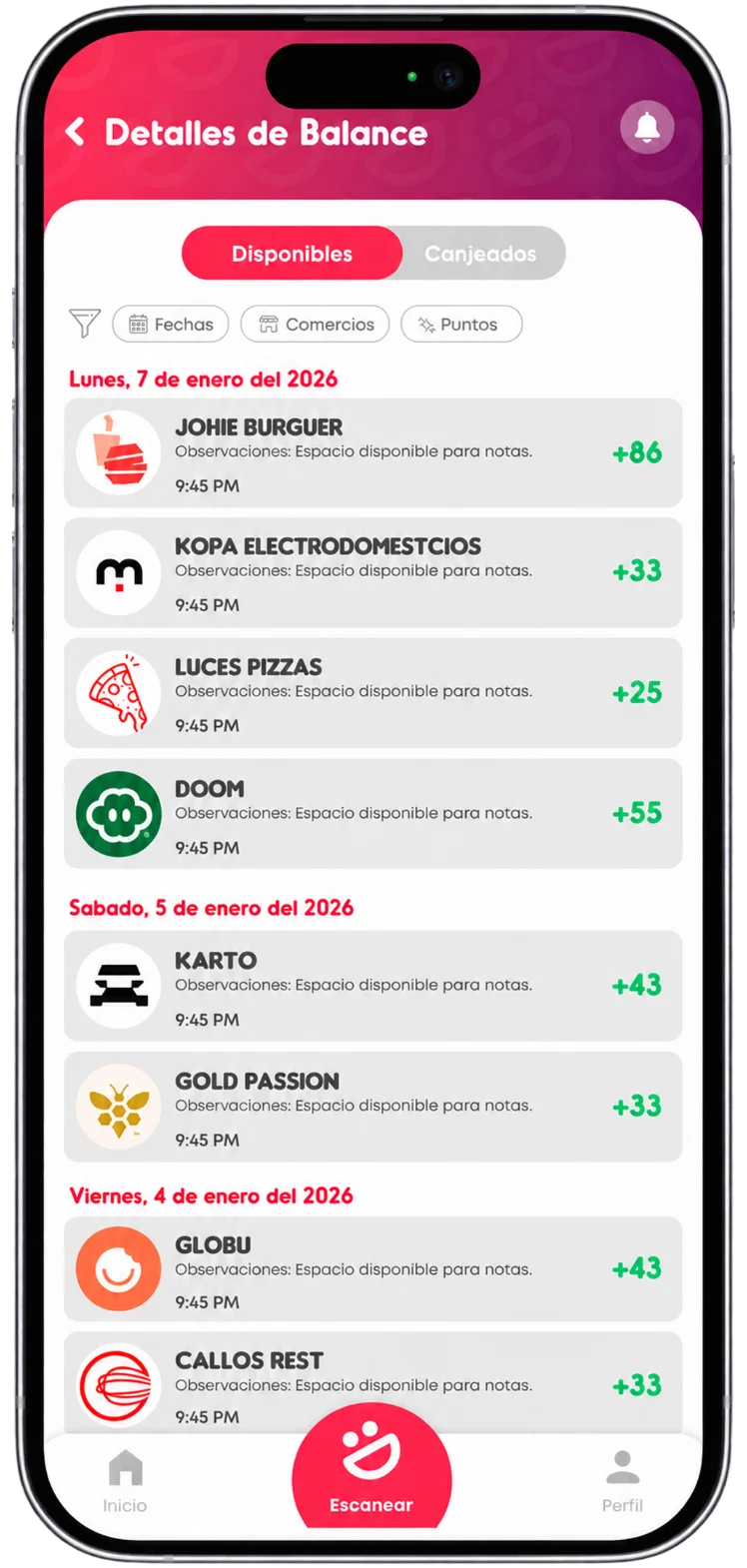 Detalles de balance en Kipy: los puntos disponibles agrupados por día, cada uno con el logo del comercio, la hora y cuánto sumó esa compra, y filtros por fecha, comercio y puntos.