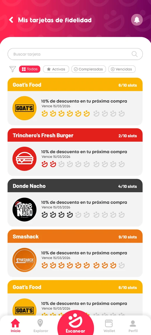 Vista de tarjetas de fidelidad y progreso de recompensas en Kipy